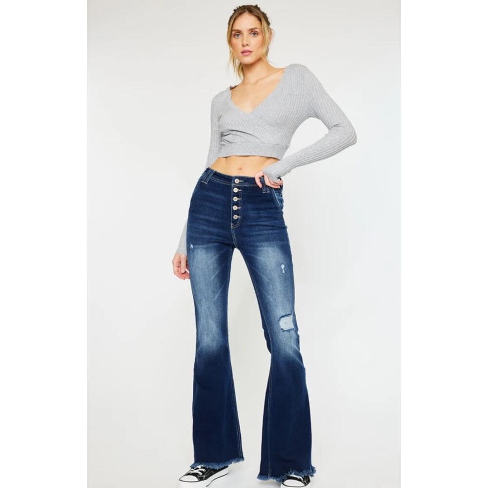 New KanCan Lola High Rise Flare Jeans 3/25 Blue‎ Button Fly Distressed Raw Hem